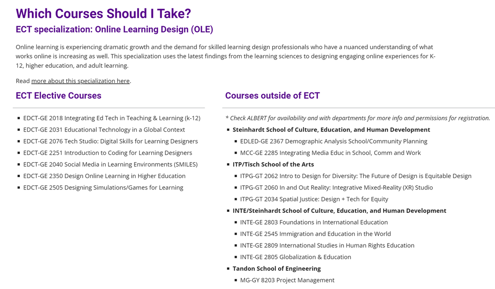 Example of a list of elective courses Example of a list of elective courses